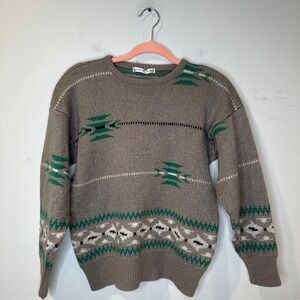 Boho Grandpa Vintage Taupe Geometric   Southwestern  Knit Crewneck Sweater Large